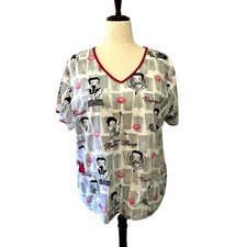 Vtg Betty Boop Scrub Top Cotton Nursing Pink V-Neck Pockets Medical XL Valentine