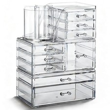 3 Tier Clear Acrylic Makeup Organizer Countertop with Brush Holder and 9 Draw...