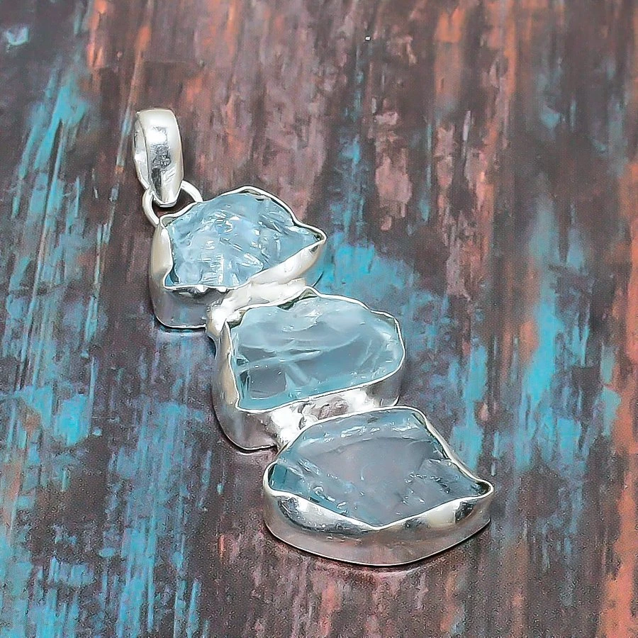 Colgante de joyería hecha a mano de piedras preciosas áspera aguamarina 2,17" i557 Foto 2 de 4