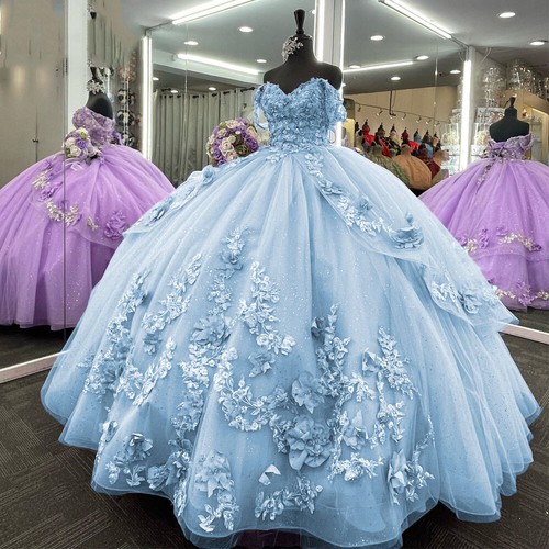 Sweet 16 Quinceanera Dresses Princess Tulle Ball Gowns Prom Off-the-shoulder - Picture 10 of 19