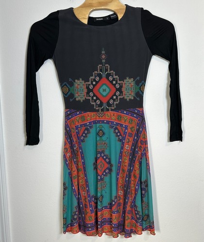 Desigual Julianne Midi Dress Womens Medium Black Ruha Aztec Print Long Sleeve