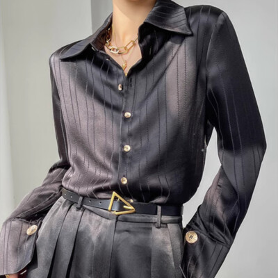 Damen Satin Kunstseide Bluse Tops Hemden gestreift Retro Mode weich Knopf lässig