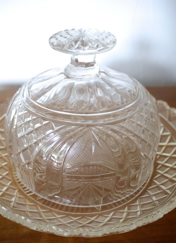Jugendstil Kristall Käeseglocke Butterglocke Glas Graphisches Dekor Antik ~1920 - Bild 2 von 5