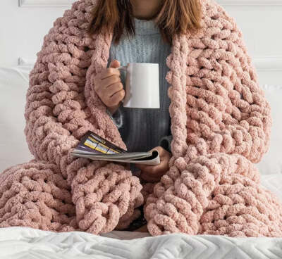 Hand Made Luxury Chenille Chunky Giant Knitted Blanket BLUSH