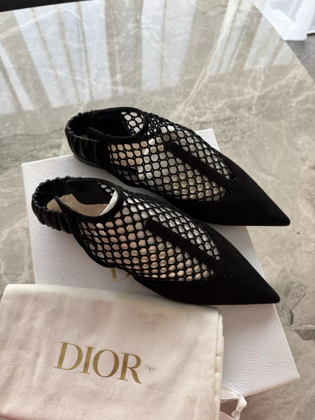 Chaussures ballerines plates noires DIOR daim et resille bout pointu cage 6/39 NEUVES