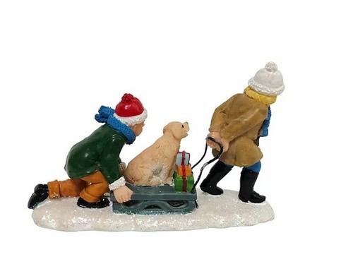 St Nicholas Square Christmas Village PUPPY'S JOY RIDE Dog Kids Sled Figurine - Picture 3 of 3