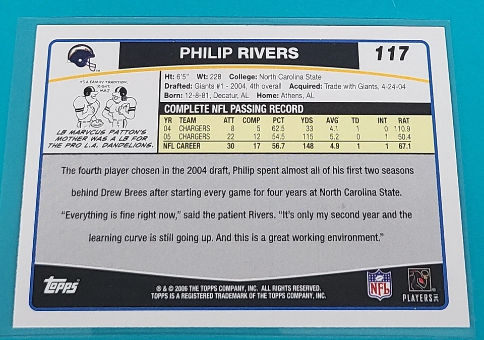 2006 Topps    #117 Philip Rivers San Diego Chargers Football Card U5 - Image 2 of 2
