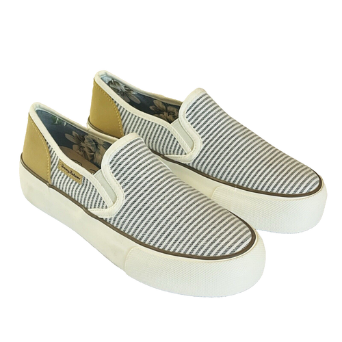 NEW Tommy Bahama Wmns 9.5 Canvas Shoes Gray White Stripe Slip On Sneaker Loafer