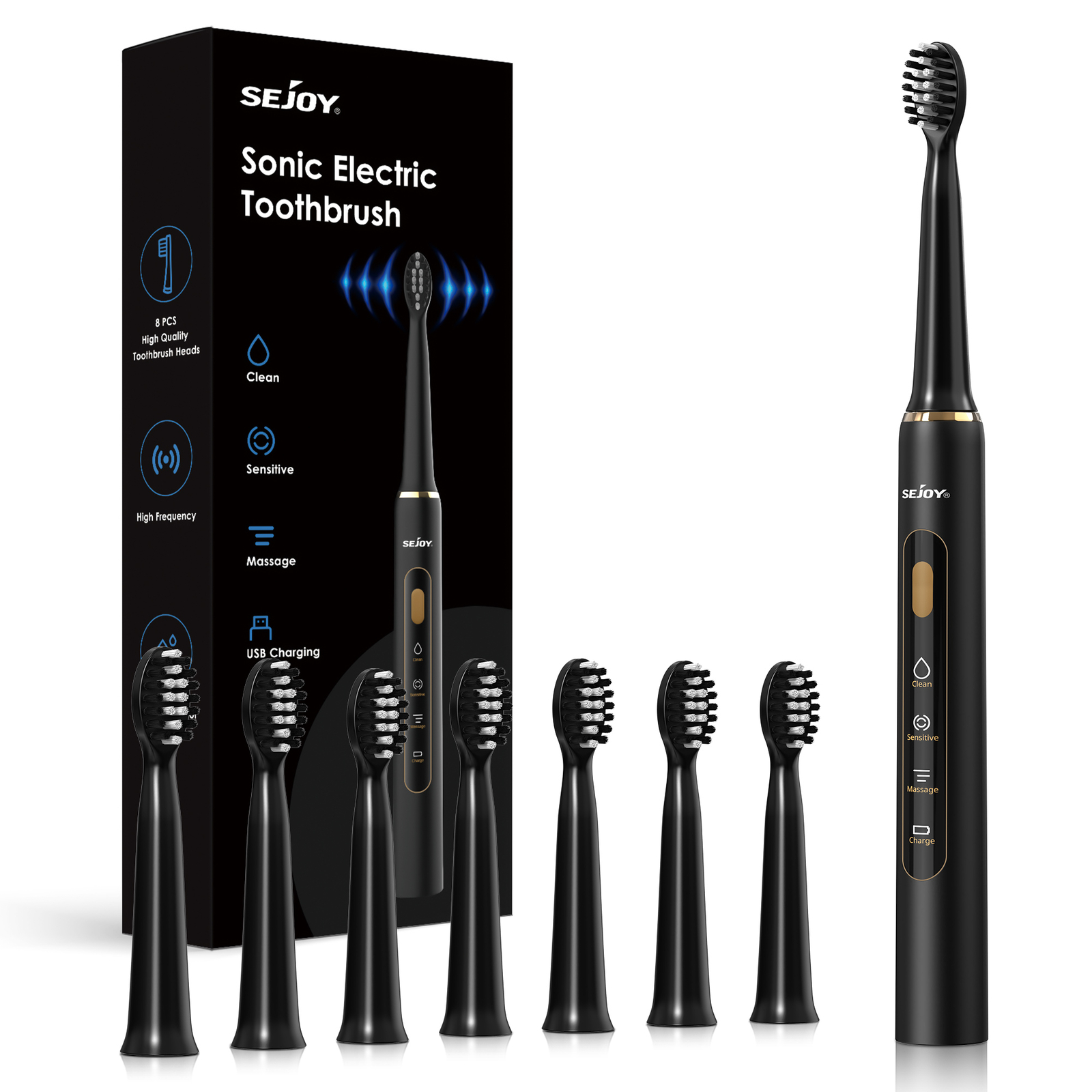 SEJOY Sonic Electric Toothbrush Rechargeable 3 Modes 7 Brush Heads Smart Timer