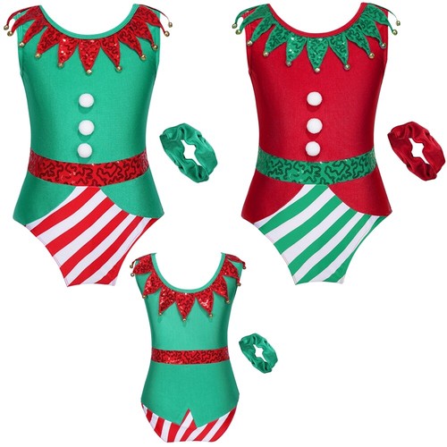Kinder Mädchen Body Farbblock Elfe Kostüm Set Weihnachten Verkleiden verziert Xmas - Bild 4 von 31