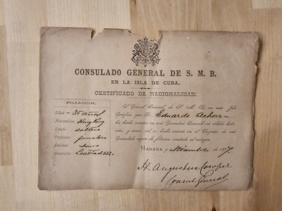 Cuban Cuba Letter 1877 MEXICO MEXICAN EMBASSY Nationality Certificate DOCUMENT!