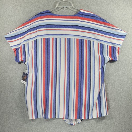 Westbound Womens Blouse Wood Buttons Tie Waist Red White Blue Black Stripe 1X - Picture 2 of 10