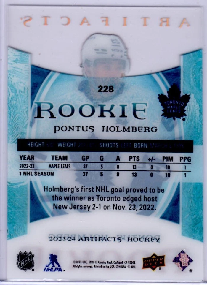 2023-24 Artifacts Pontus Holmberg Clear Cut Rookie Card # 228 - Image 2 of 2