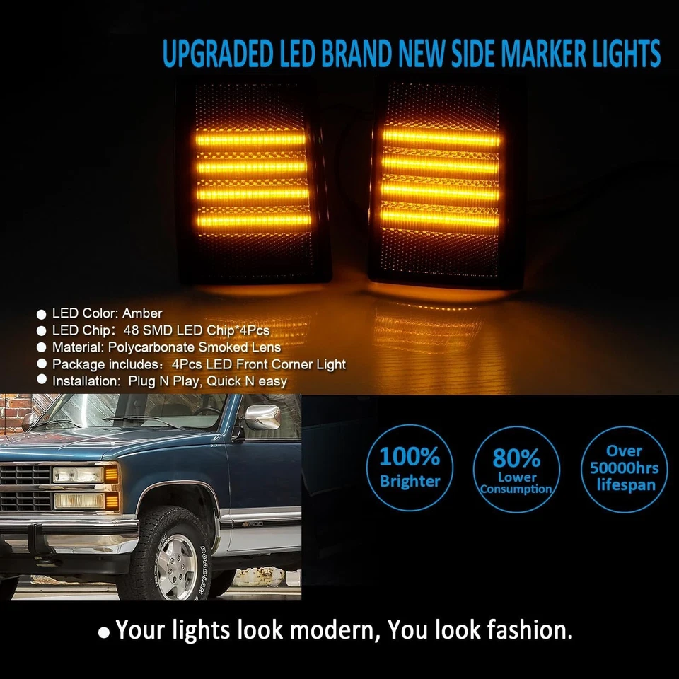 4PCS Front Bumper Corner Side Marker Lamp for 1988-1993 Chevy Silverado C/K 1500 Foto 2 de 4