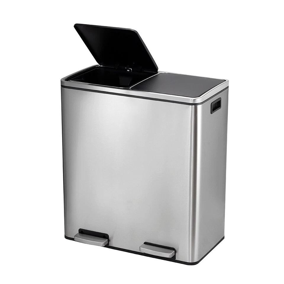2 Compartment Step On Trash Can Kitchen Garbage Recycling Bin 60L Steel Dustbin - Image 4 of 4