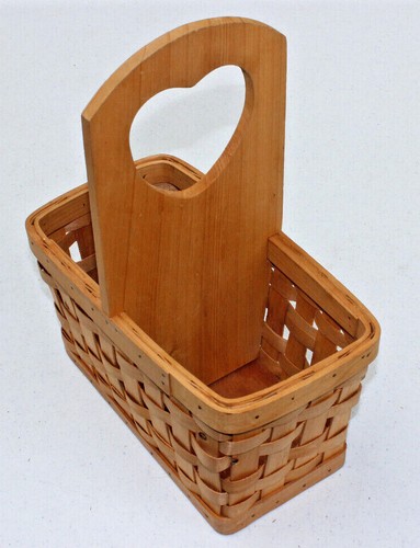 STURDY WOVEN WOOD 2 COMPARTMENT BASKET CUTOUT HEART DESIGN 10 x 5 x 13” TALL - Picture 3 of 5