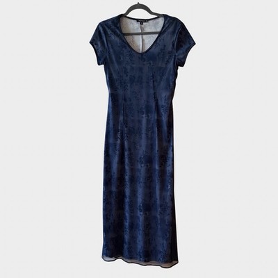 Vintage 90s Blue Midi Maxi Dress Floral Mesh Overlay Medium Y2K Fairycore Grunge