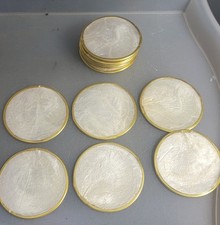 Set 13 Capiz Shell Coasters with Cork Back Brass Rim Size 3" Round