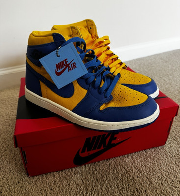Nike Air Jordan 1 High Top Leather Colorblock Blue/Yellow Lace-Up Sneaker