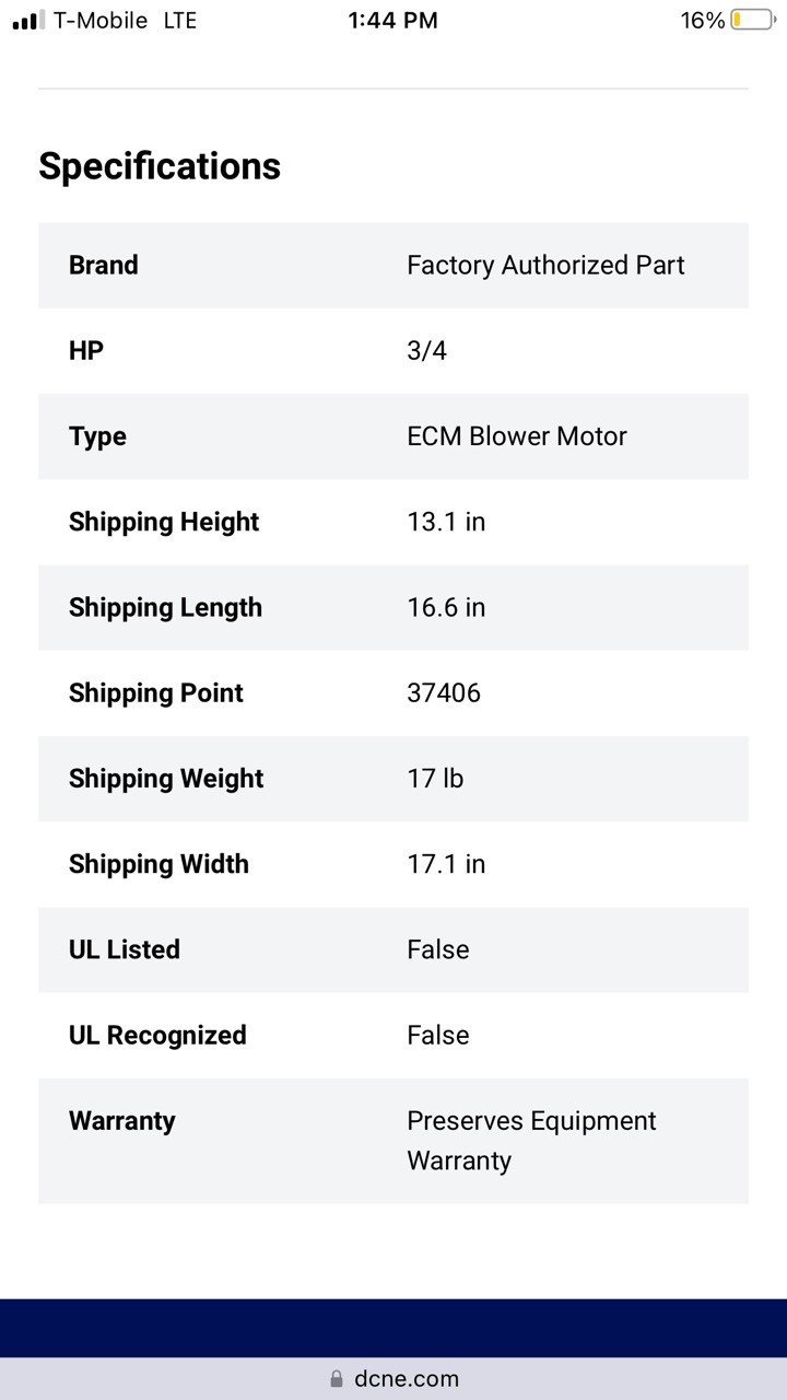 Factory Authorized Parts HD46MQ140 3/4hp ECM BLOWER MOTOR