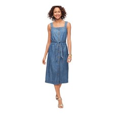 Talbots Womens Striated Cotton Denim Tie Waist Fit Flare Midi Dress 18