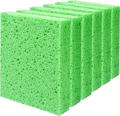 6PK Cellulose Sponges, Large Size 4'' x 6'' x 1'' - Heavy Duty Scrub Kitchen Sponge