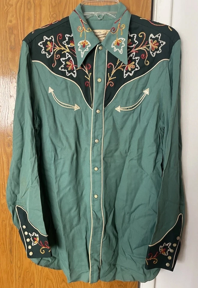 Camisa Western California Ranchwear Vintage Años 50 RARA Talla 15 Gabardina Verde Años 40 Foto 3 de 4