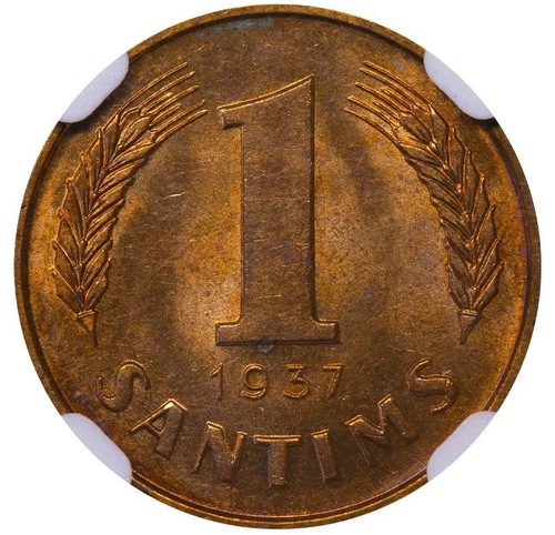 1937 Latvia President Karlis Ulmanis 1 Santims Bronze Coin Grade NGC MS 64 RB