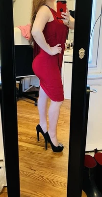 Red One Shoulder Ruched Draped Jersey Bodycon Knee Dress Size S Stretch - Image 1 of 4