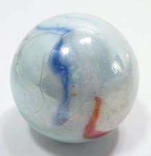 Large VTG 47mm 1.8" White Iridescent Marble Blue Orange Ribbon Glass Shooter