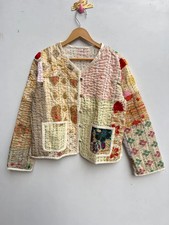 Indian Beige patchwork Cotton Kantha Unisex Jacket Womens Clothing Jackets US