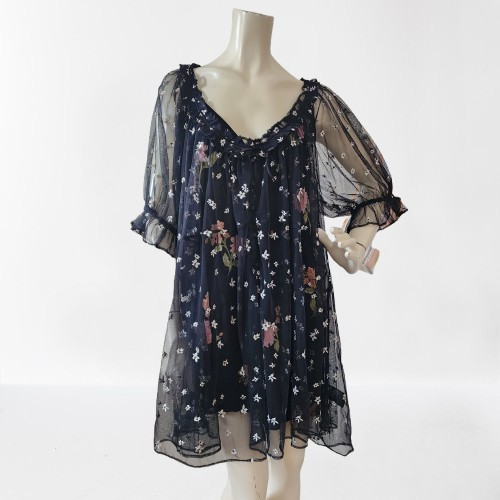 Free People Minikleid Damen L schwarz Blumen bestickt NEU