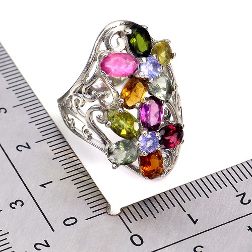925 Anillo Plata de Ley Ovalado Turmalina Tanzanita Piedras Flor Joyería Talla 8 - Imagen 3 de 13