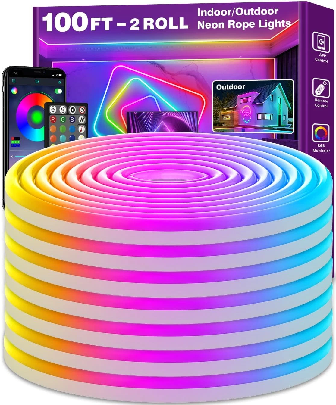 100Ft RGB Neon Rope Lights, App Control, Waterproof, Music Sync for Decor