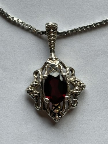 Vintage Sterling Chain & Sterling/Garnet Pendant 16” Necklace STAMPED #4267 - Picture 2 of 4