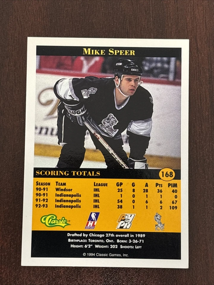 1994-95 Classic Pro Prospects Mike Speer #168 AUTO Indianpolis Ice AUTOGRAPH - Image 2 of 2