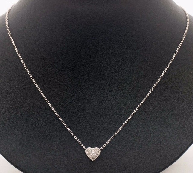 14K White Gold Necklace with Heart Shaped Diamond Chip Pendant, 17" long eBay
