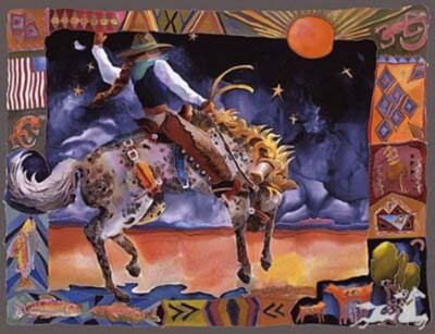 Maggie and Nightstorm by Nancy Cawdrey Western Cowgirl Riding Bucking Horse