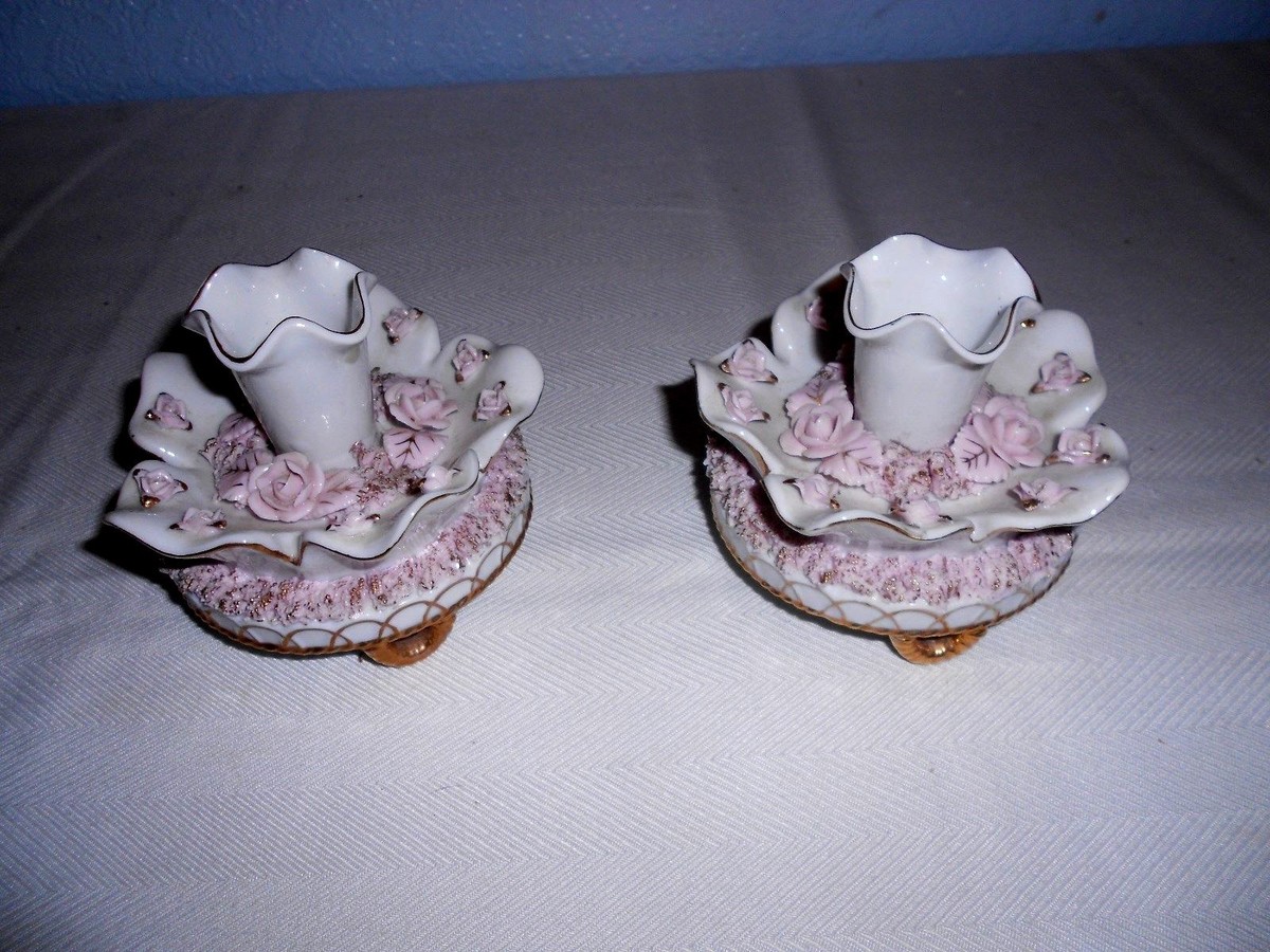 Antique Set of Porcelain Footed Candlestick Holders w/Pink Roses