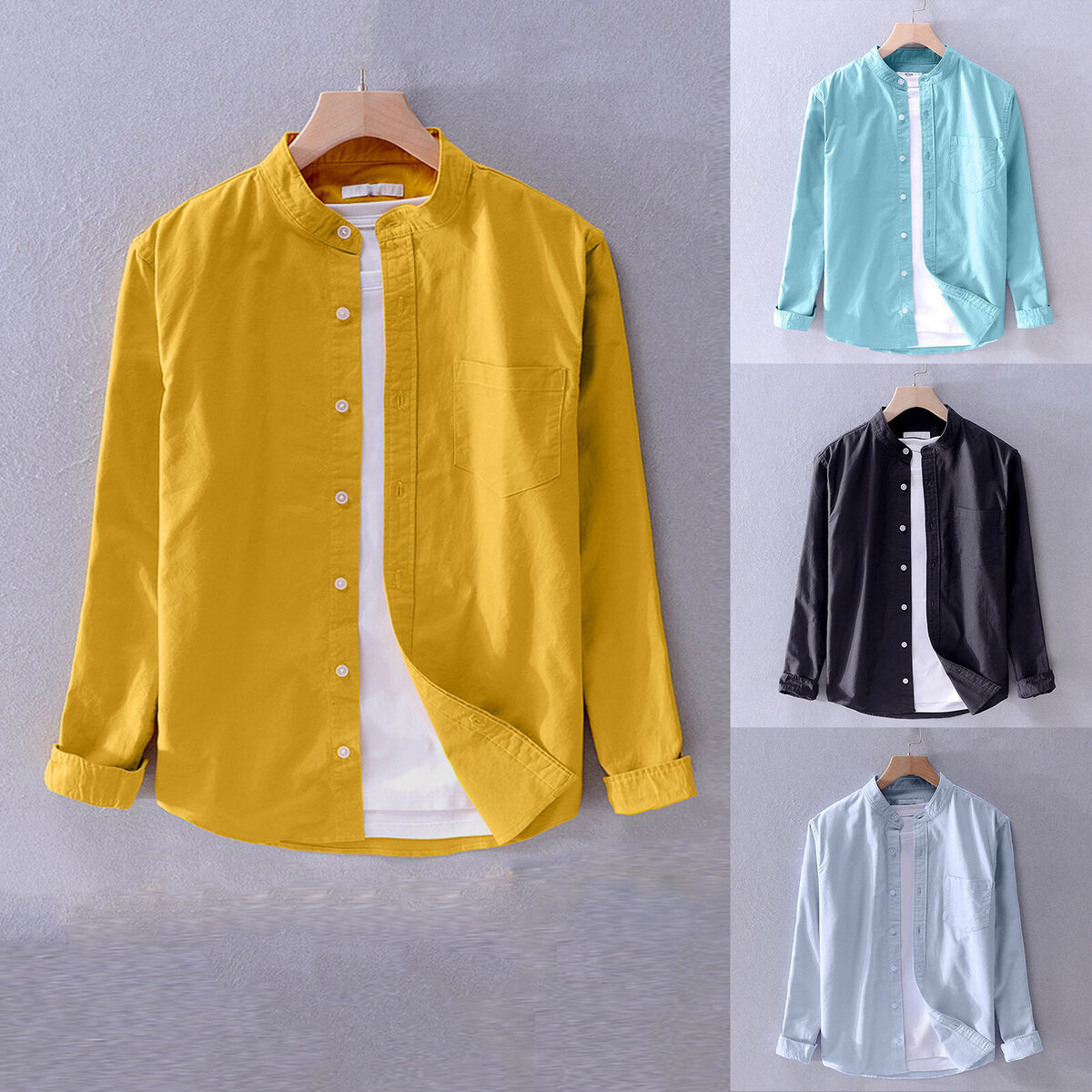 Mens Spring And Autumn Casual Stand Up Collar Shirt Pure Mens Spring And Autumn Casual Stand Up Collar Shirt Pure