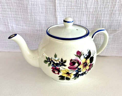 VTG Arthur Wood Teapot England Windsor China Pink Roses & Wildflowers Blue Trim