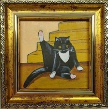 Black cat mini painting original Portrait cat art Framed Funny kitten artwork