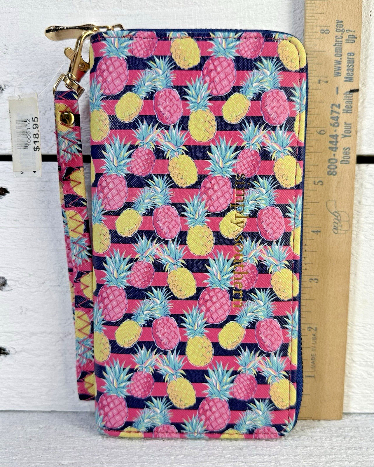 Simply Southern Wallet w/Wrist Strap Pineapple Navy Pink Stripes Zip Closure NWT