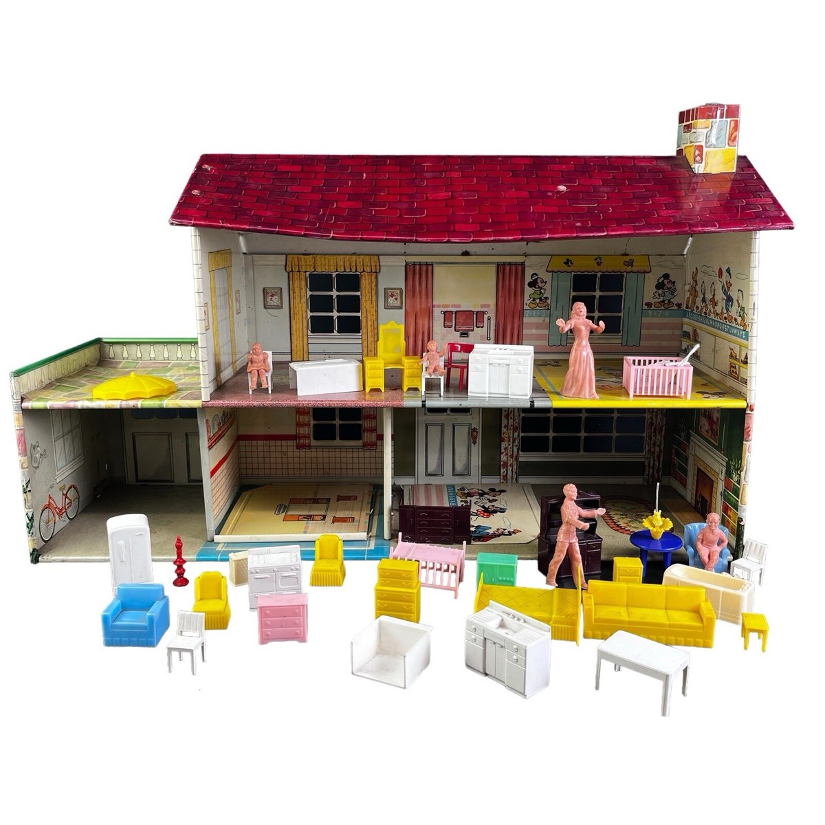 Vintage Marx DISNEY Tin Litho Doll House 2 Story Furniture and