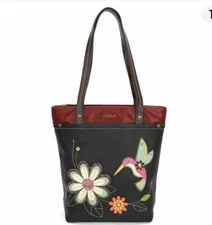 NWT CHALA BLACK BURGUNDY HUMMINGBIRD DELUXE EVERYDAY ZIP TOTE PURSE FAUX LEATHER