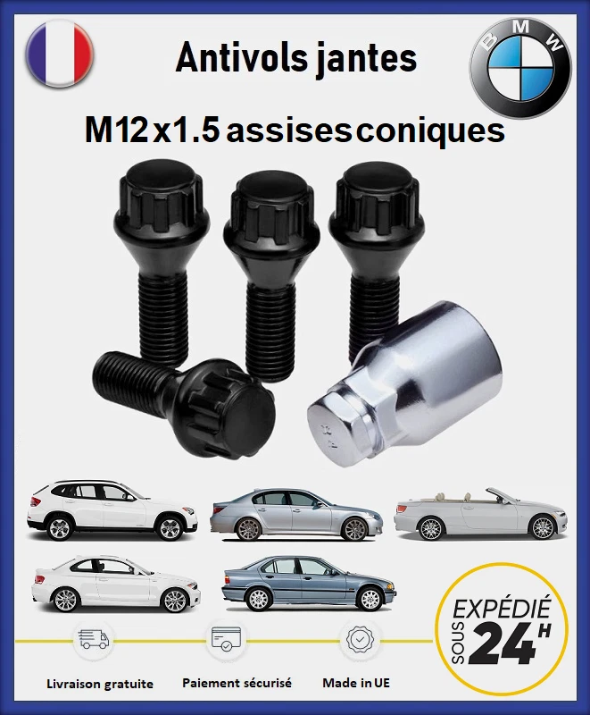 BIMECC Ecrous antivol de roues noir BMW M12x1.5 assises coniques 27mm