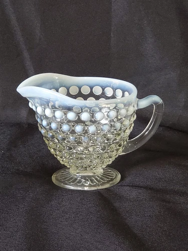 Vintage 1940s Anchor Hocking Glass Moonstone Opalescent Hobnail Creamer