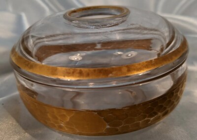 Clear Glass Vintage Art Deco Hair Receiver Dresser Jar Bowl and Lid Gold Read