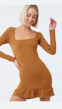 Forever 21 Women Brown Ribbed Square Neck Bodycon Dress Long Sleeve Ruffle Small