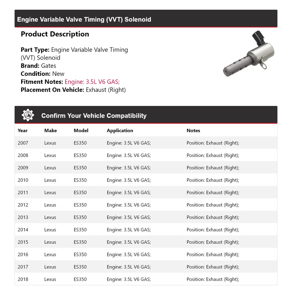 Para Lexus ES350 2007-2018 3,5 L V6 motor de gasolina VVT solenoide escape (derecha) puertas Foto 2 de 4
